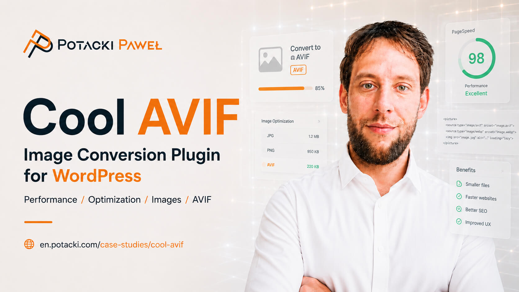 Full-stack developer Paweł Potacki presenting the Cool AVIF WordPress image conversion plugin architecture alongside performance optimization metrics.