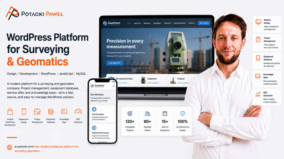 Developer Paweł Potacki presenting a modern WordPress surveying and geomatics platform mockup with technical feature benchmarks and responsive UI layout.