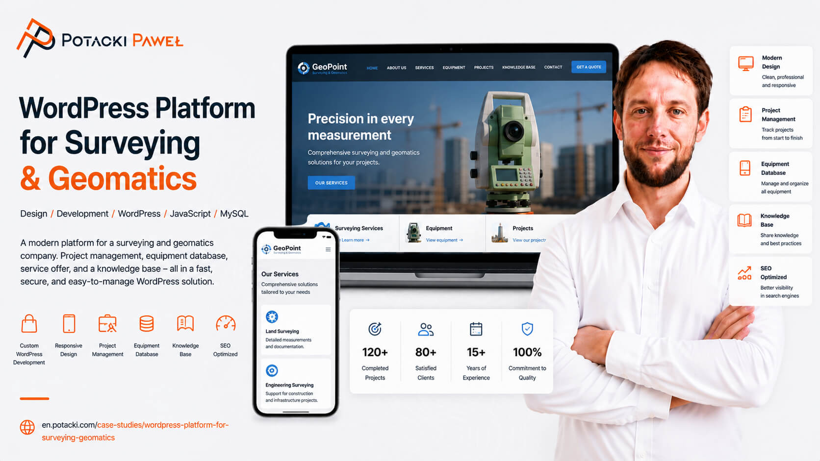 Developer Paweł Potacki presenting a modern WordPress surveying and geomatics platform mockup with technical feature benchmarks and responsive UI layout.