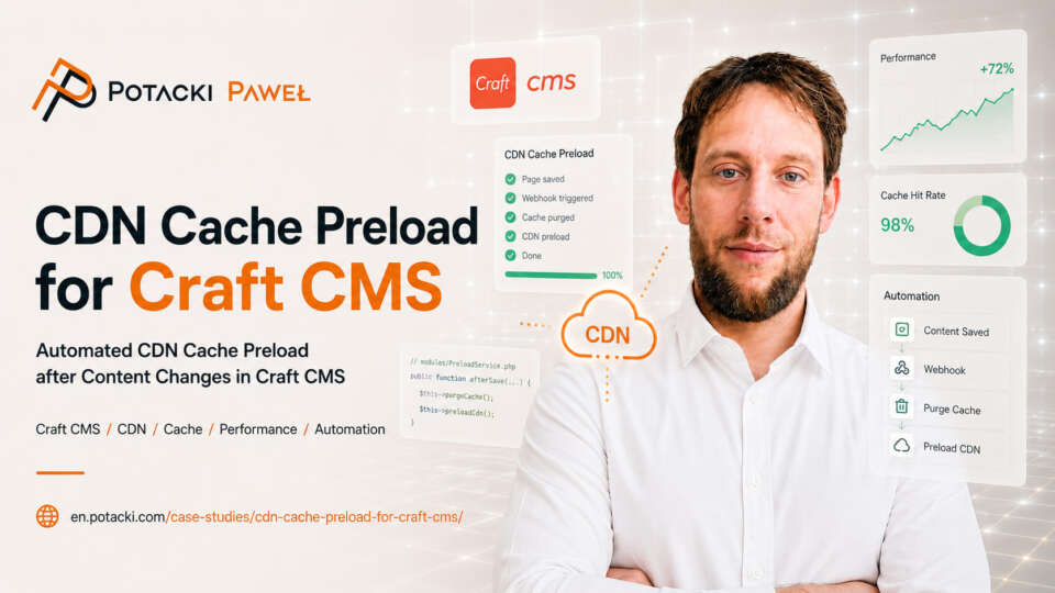 Full-stack developer Paweł Potacki alongside design blocks of an industrial web platform, refinery infrastructure mockups, and corporate video framework.