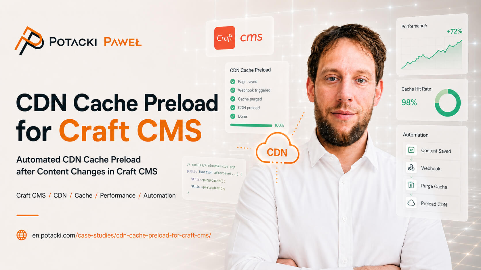 Full-stack developer Paweł Potacki alongside design blocks of an industrial web platform, refinery infrastructure mockups, and corporate video framework.