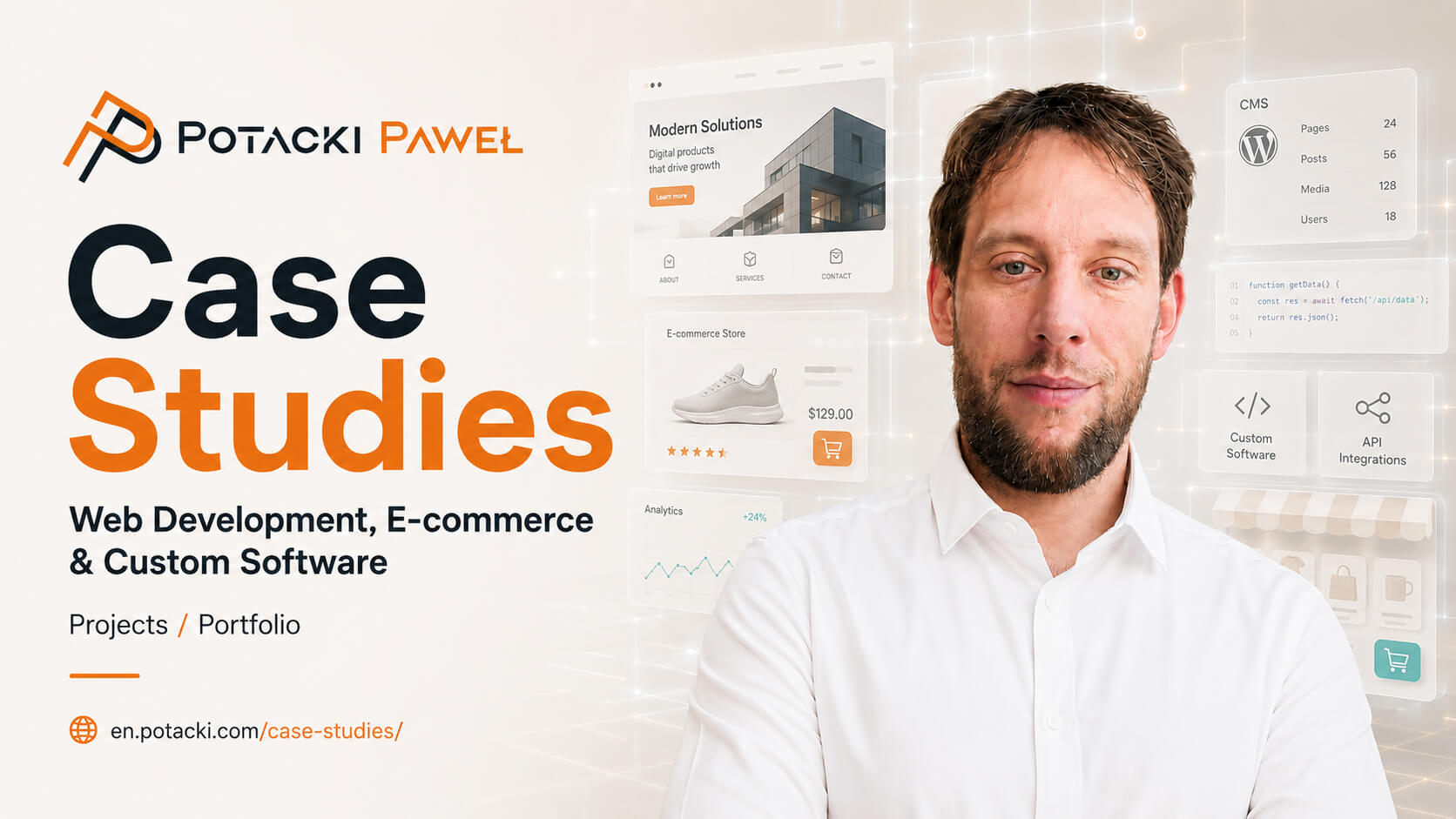 Full-stack software engineer Paweł Potacki against a technical backdrop of web development, custom software, and e-commerce dashboard mockups &ndash; main Open Graph banner for the international case studies page.