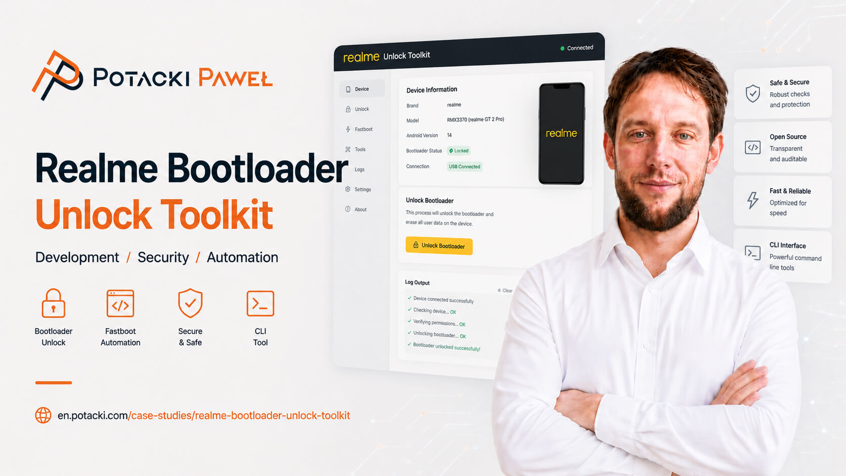 Preview of the Realme Bootloader Unlock Toolkit with ADB and Fastboot diagnostic information.