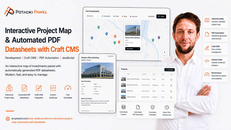 Developer Paweł Potacki presenting a custom CraftCMS web platform case study featuring an interactive Mapbox project map mockup and automated PDF datasheets.