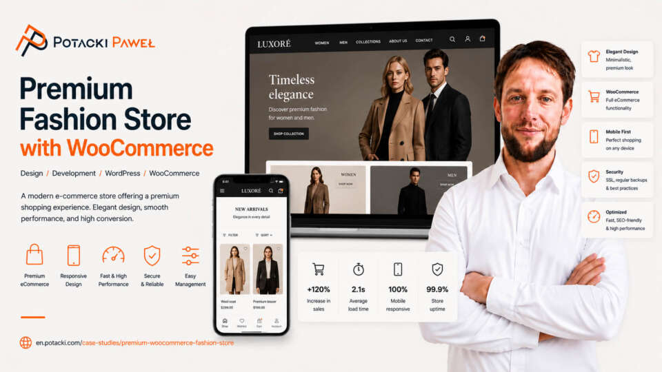 Developer Paweł Potacki presenting a luxury WooCommerce fashion store mockup on desktop and mobile devices with e-commerce performance statistics.