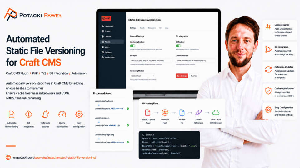 Developer Paweł Potacki presenting a mockup of the Automated Static File Versioning plugin dashboard for CraftCMS, featuring settings panels, content hash flow diagrams, and a code block example.