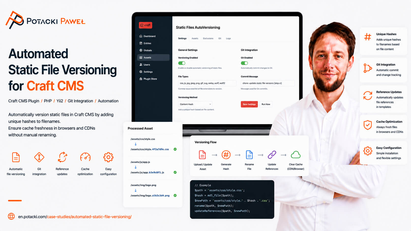 Developer Paweł Potacki presenting a mockup of the Automated Static File Versioning plugin dashboard for CraftCMS, featuring settings panels, content hash flow diagrams, and a code block example.