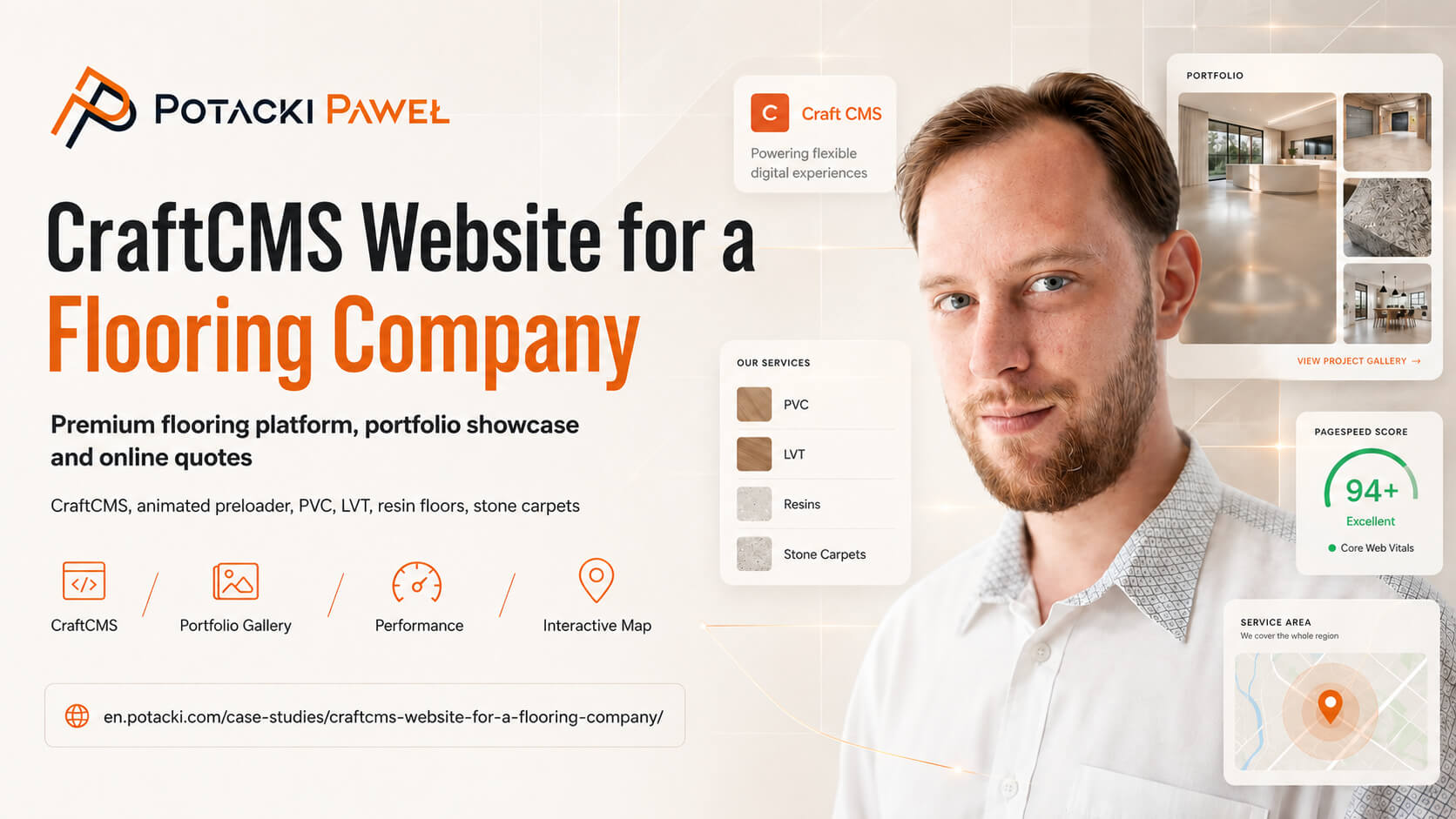 Full-stack developer Paweł Potacki alongside English UI design blocks of a CraftCMS flooring platform, showing service hubs for LVT and resins, project showcase, and a 94+ PageSpeed score.