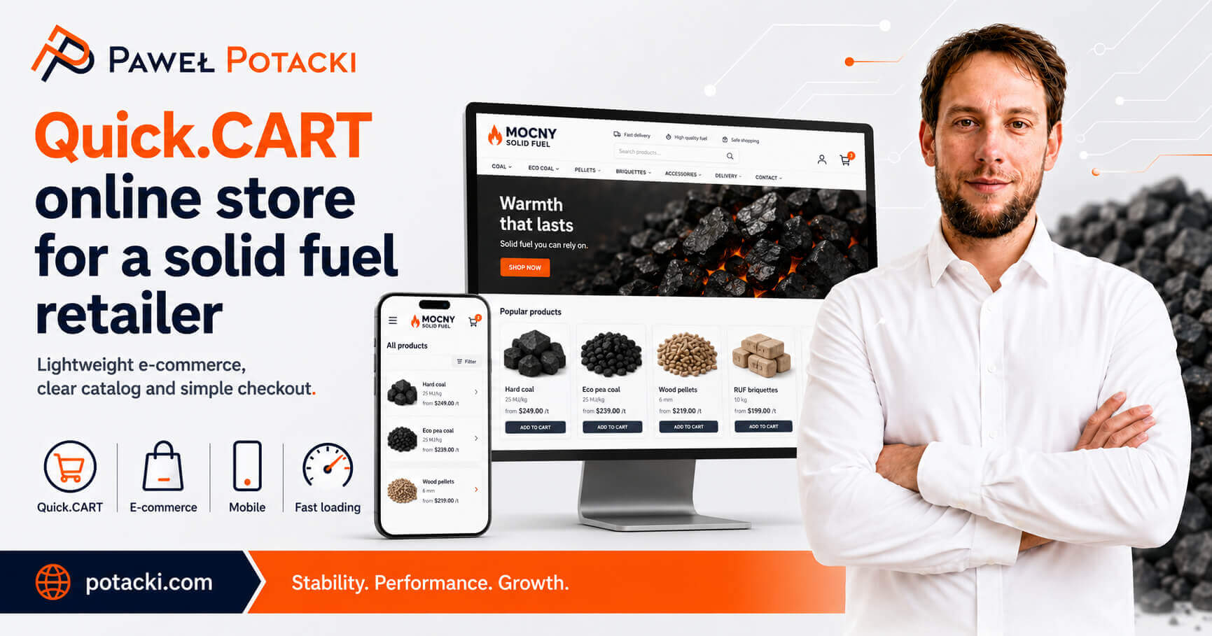 Quick.CART online store for the MOCNY solid fuel retailer presented on desktop and mobile devices