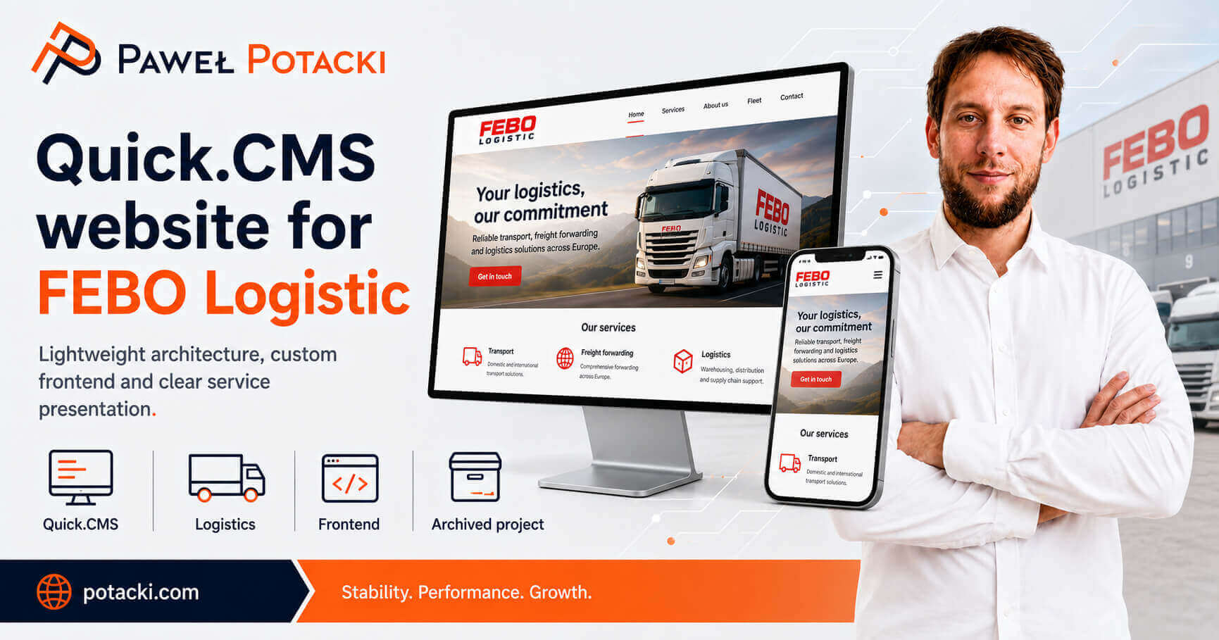 Quick.CMS website for FEBO Logistic presented on desktop and mobile devices with a logistics industry layout