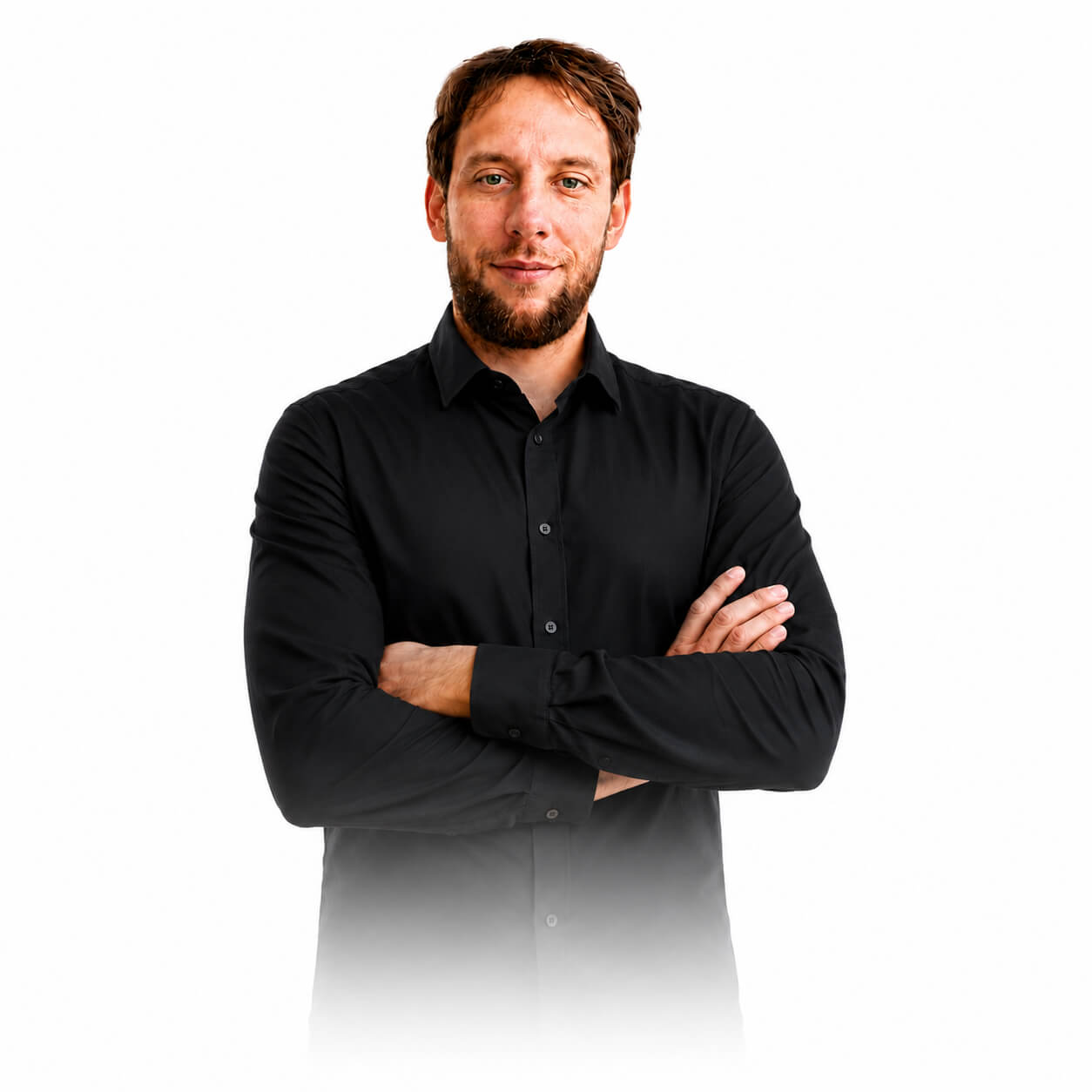 Paweł Potacki | About Me photo Paweł Potacki in a black shirt, author photo for the About Me page.