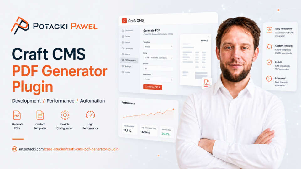 Full-stack developer Paweł Potacki presenting the CraftCMS PDF Generator plugin UI mockup with document configuration panels and server-side performance analytics.