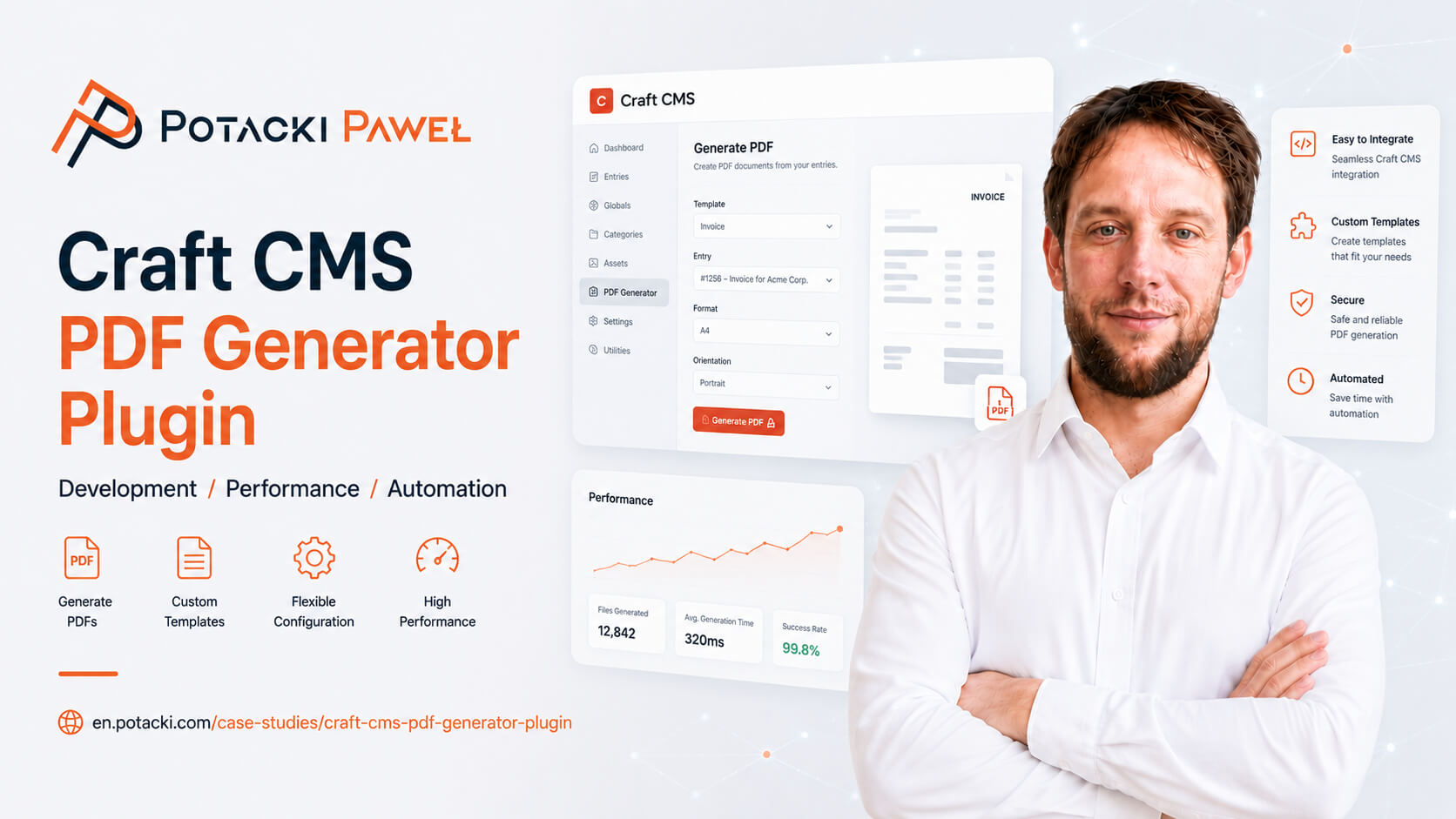 Full-stack developer Paweł Potacki presenting the CraftCMS PDF Generator plugin UI mockup with document configuration panels and server-side performance analytics.