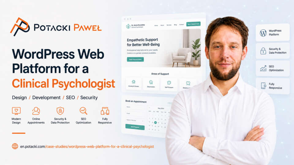 Full-stack developer Paweł Potacki presenting abstract floating UI layout mockups for a WordPress medical practice platform, showcasing clinical psychologist onboarding sections and an interactive appointment booking calendar.