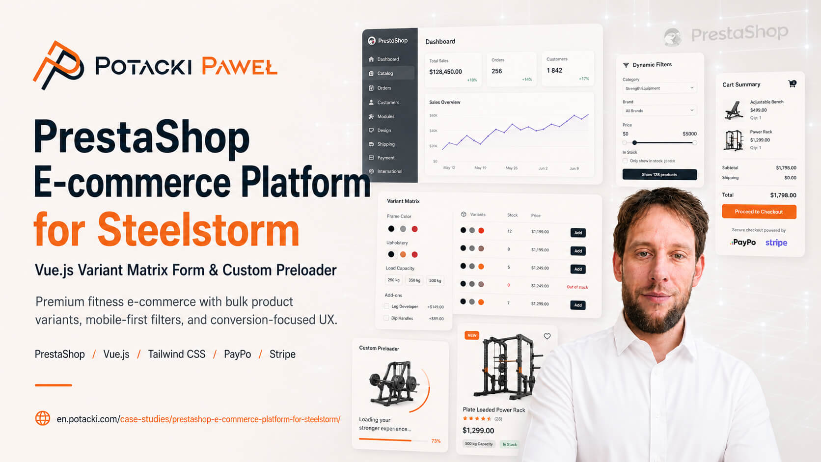 Full-stack developer Paweł Potacki alongside English UI mockups of the Steelstorm store, showcasing a Vue.js variant matrix builder, a custom asynchronous preloader, and mobile-optimized search filters.