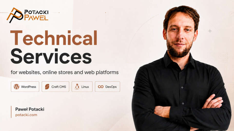 Paweł Potacki in a black shirt on a technical services graphic for websites, online stores and web platforms