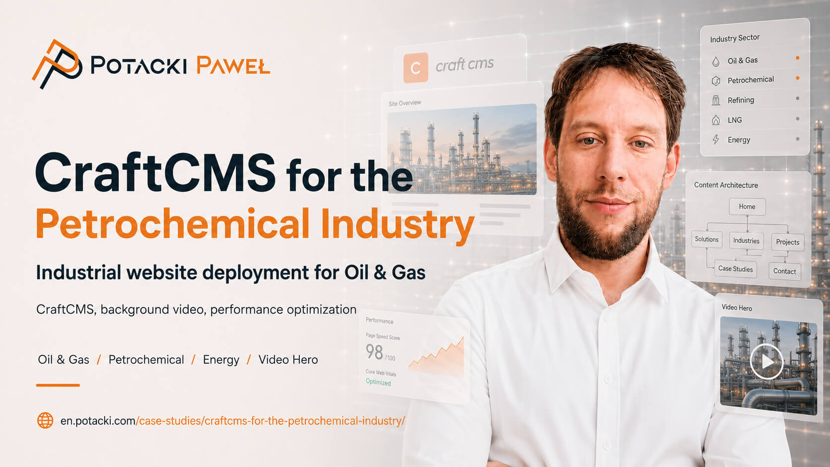 Full-stack developer Paweł Potacki alongside design blocks of an industrial web platform, refinery infrastructure mockups, and corporate video framework.
