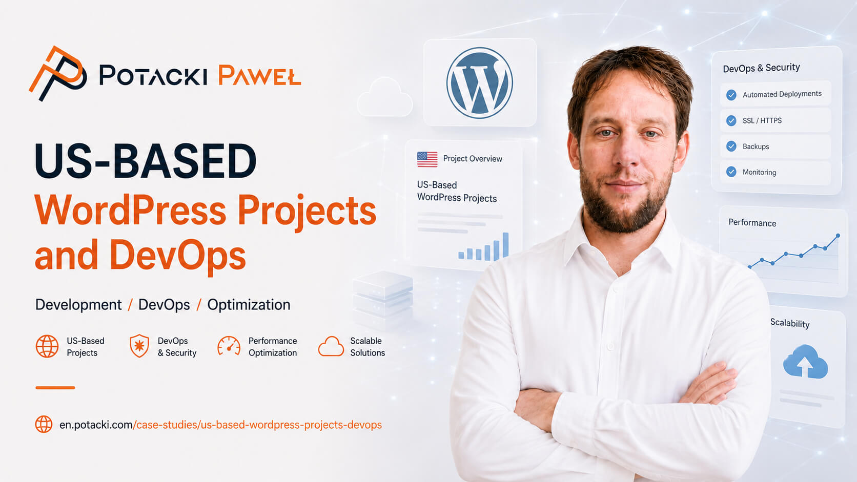 Full-stack developer Paweł Potacki alongside abstract floating UI dashboard blocks for US-based WordPress and DevOps projects, showcasing automated deployment checklists, performance metrics, and cloud scalability elements.