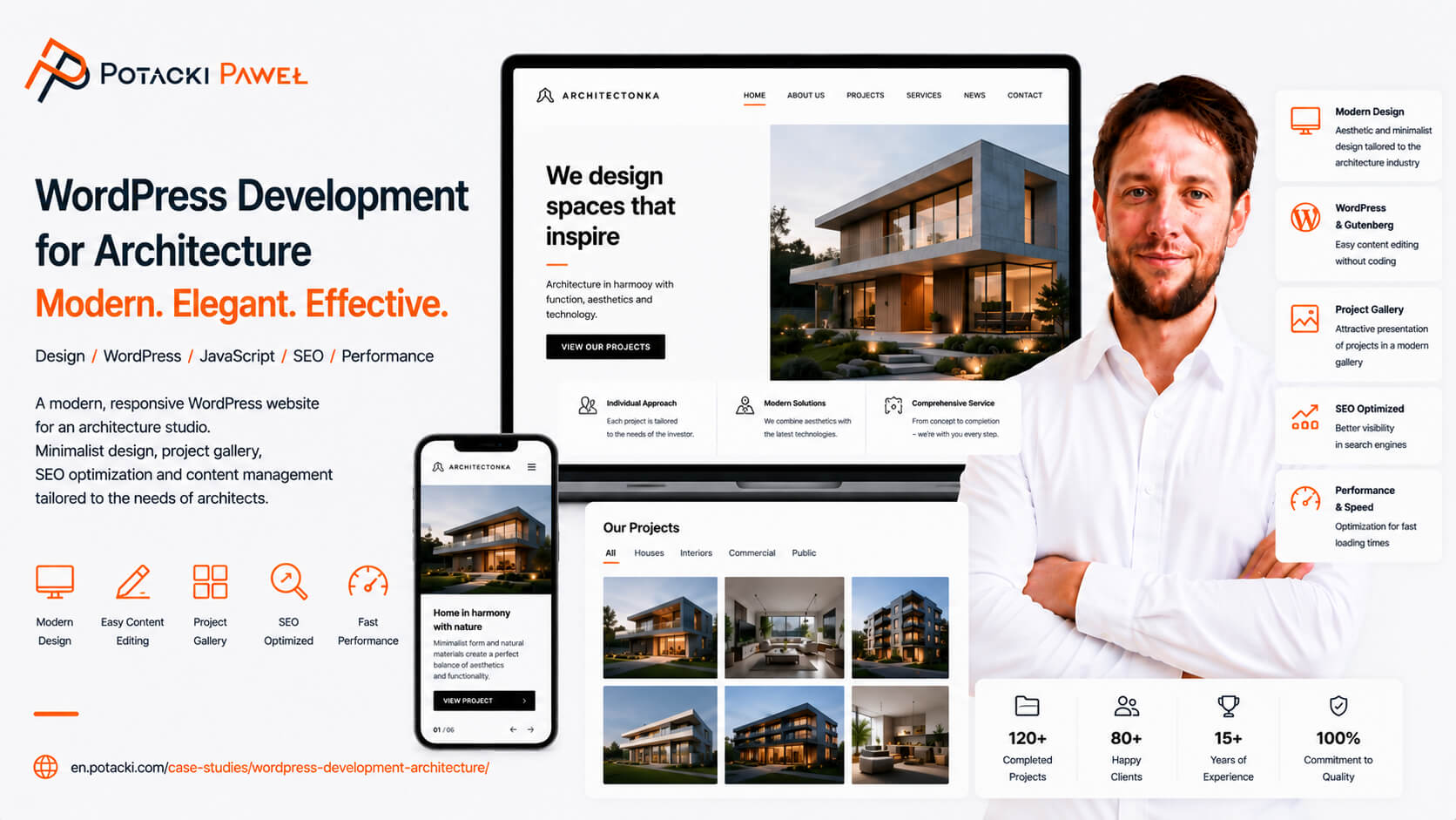 Developer Paweł Potacki presenting a premium WordPress architecture website mockup on desktop and mobile devices with a native Gutenberg block layout and project gallery grids.