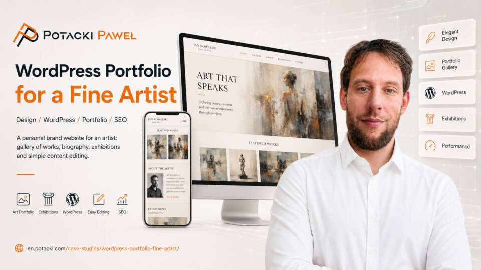 Developer Paweł Potacki presenting a fine artist portfolio website mockup on a desktop monitor and a smartphone, highlighting a native clean layout and image galleries.