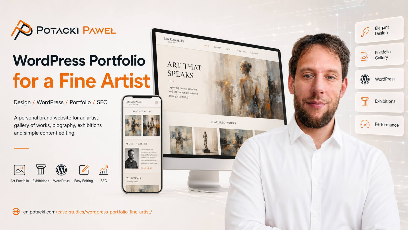 Developer Paweł Potacki presenting a fine artist portfolio website mockup on a desktop monitor and a smartphone, highlighting a native clean layout and image galleries.