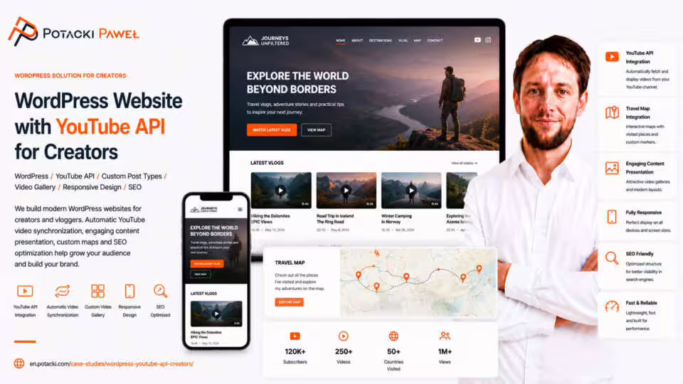 Developer Paweł Potacki presenting a modern WordPress website mockup engineered for content creators and travel vloggers. The user interface on desktop and mobile showcases automated YouTube API video synchronization and a custom interactive travel map module.