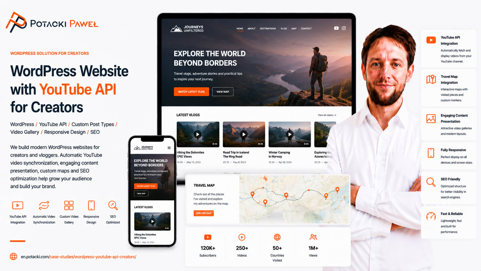 Developer Paweł Potacki presenting a modern WordPress website mockup engineered for content creators and travel vloggers. The user interface on desktop and mobile showcases automated YouTube API video synchronization and a custom interactive travel map module.